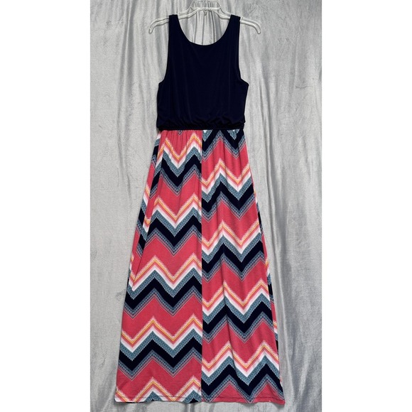 Trixxi Dress Womens Large Navy Pink Chevron Sleeveless Scoop Neck Elastic Waist - Picture 5 of 6
